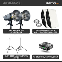 Emerger 200 Set 2 flash fotografici con potenza di 200 Ws, con radio a 2,4 GHz, softbox 60 x 90 cm e treppiedi per luci, inclusa borsa di trasporto