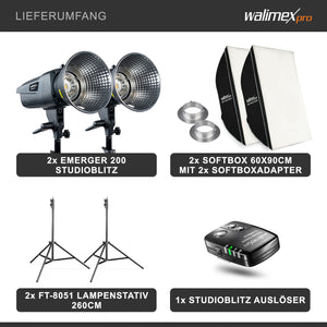 Emerger 200 Set 2 flash fotografici con potenza di 200 Ws, con radio a 2,4 GHz, softbox 60 x 90 cm e treppiedi per luci, inclusa borsa di trasporto