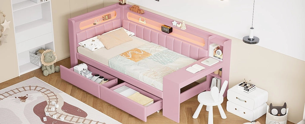 Daybed imbottito 90x200 cm rosa con USB, illuminazione LED, scrivania integrata e 2 cassetti