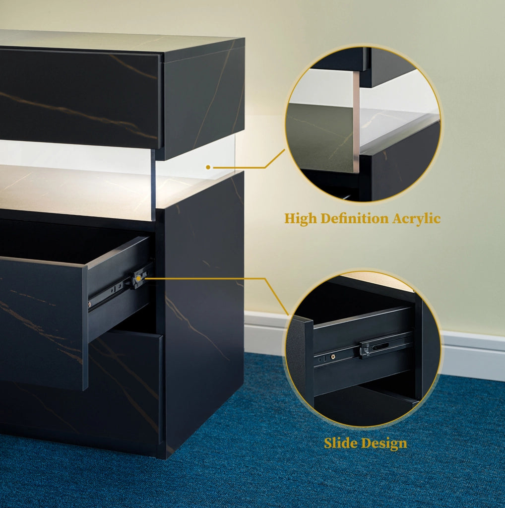 Comodino ULEVR nero e oro con 3 cassetti, illuminazione LED RGB e pannello in acrilico