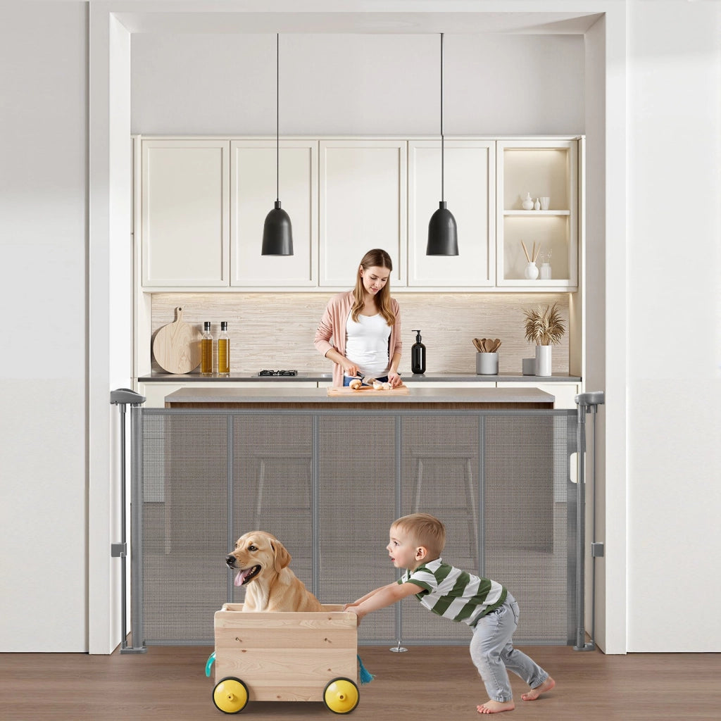 Cancelletto di Sicurezza Retrattile Grigio 87x140 cm per Scale e Porte, Barriera a Rete Salvaspazio per Uso Domestico