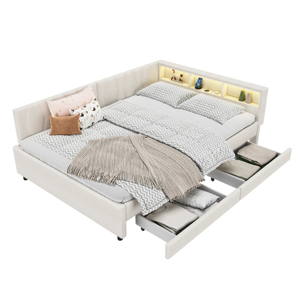 Letto a giorno 140x200 cm con LED; cassetti e USB in lino beige
