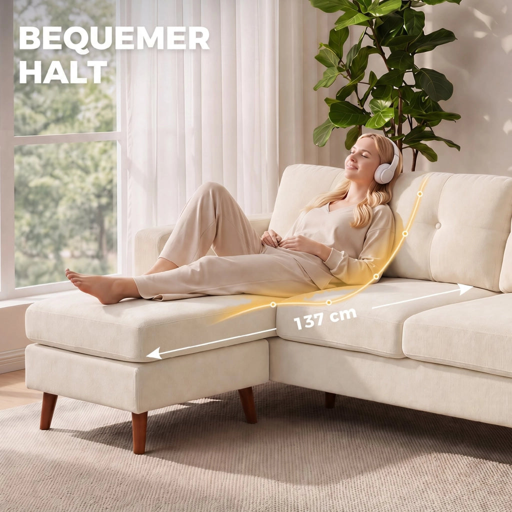 Divano Angolare 3 Posti con Chaise Longue Reversibile ¨C Zephmum ¨C Tessuto Crema 192 cm