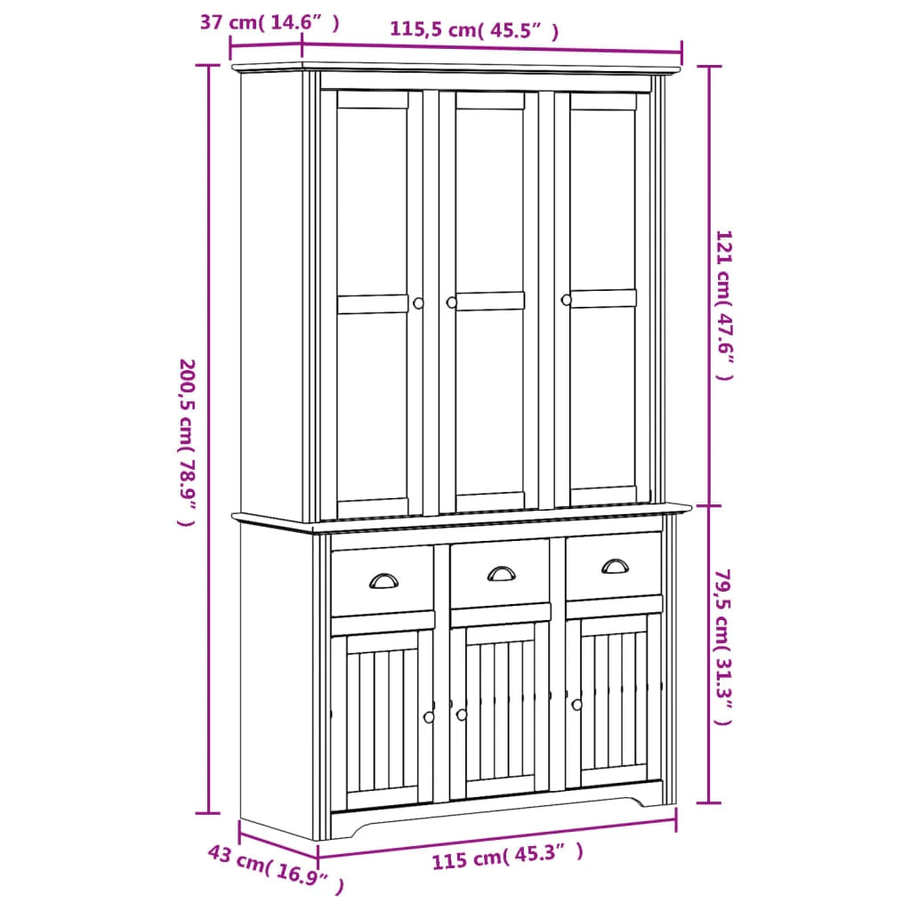BODO 115,5 x 43 x 200,5 cm Credenza in legno massello di pino bianco cassettiera mobile contenitore organizer per cucina soggiorno salotto