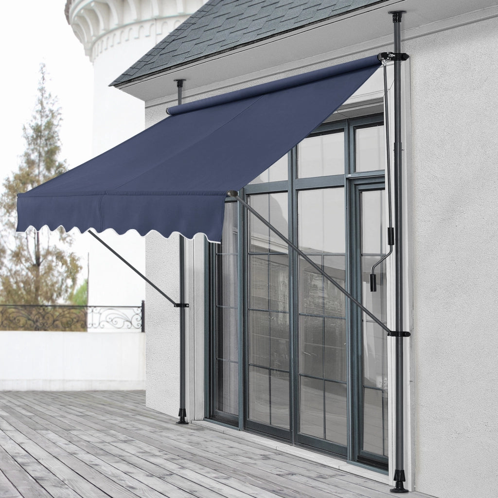 Tenda da Sole a Muro con Pali di Supporto Telescopici Parasole 400 x 120 cm (LxP) Blu Scuro pro.tec