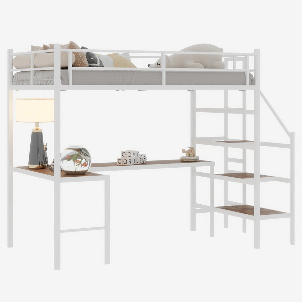 Letto a castello bianco con scrivania ad L funzione contenitore in ferro 90x190 cm