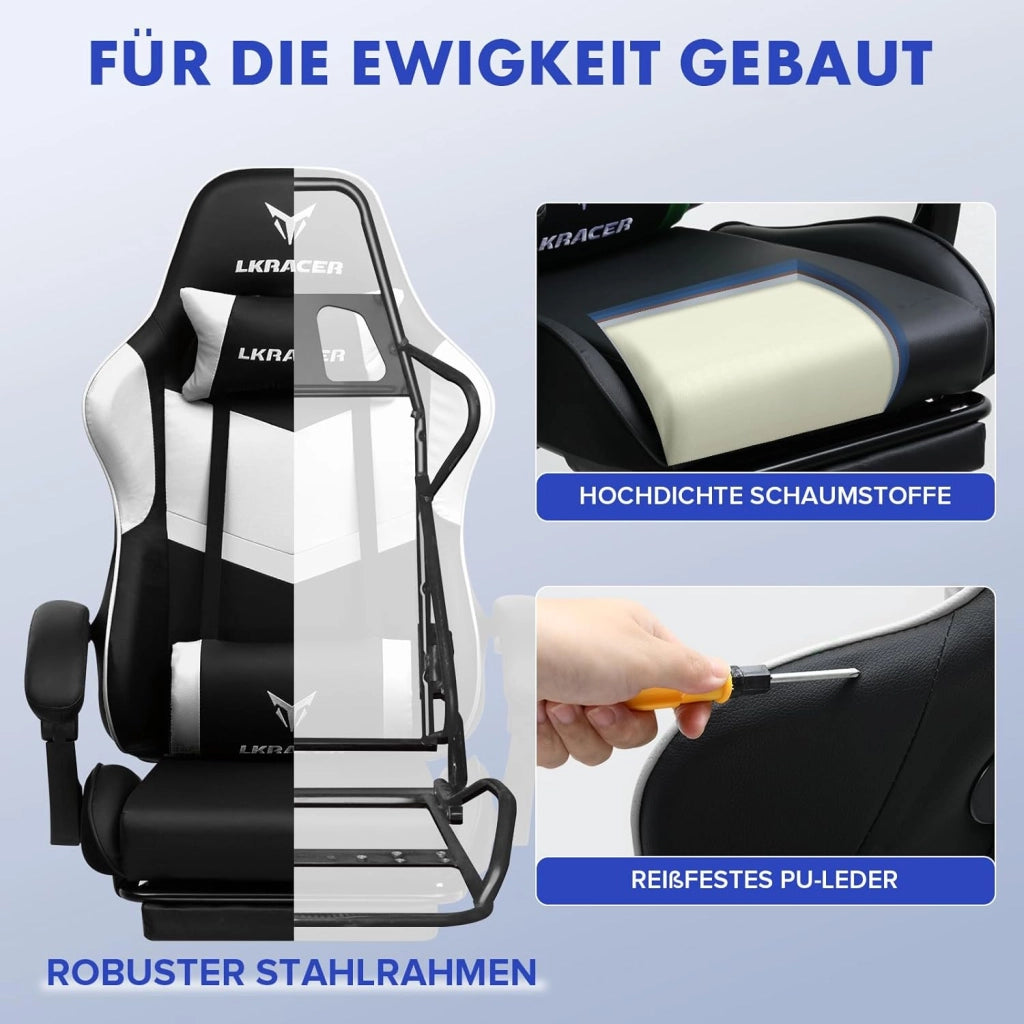 Sedia da gioco con poggiapiedi, ergonomica, con cuscino lombare regolabile, cuscino da gaming, sedia da gamer, altezza regolabile, portata 150 kg, colore: bianco