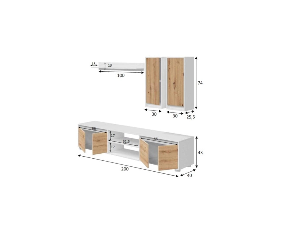 Parete attrezzata Astulo, Set da soggiorno, Mobile salotto multiuso, Composizione per salotto moderno, 200x40h114 cm, Bianco e Rovere