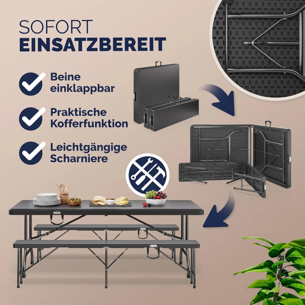 ® Set da Birreria Pieghevole in Plastica con Maniglia Tavolo 2x Panca 3 Pezzi 180cm Campeggio Giardino Sagra