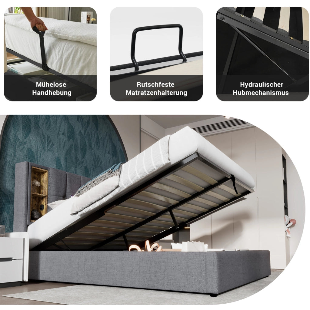 Letto matrimoniale contenitore 180x200 con ricarica wireless grigio