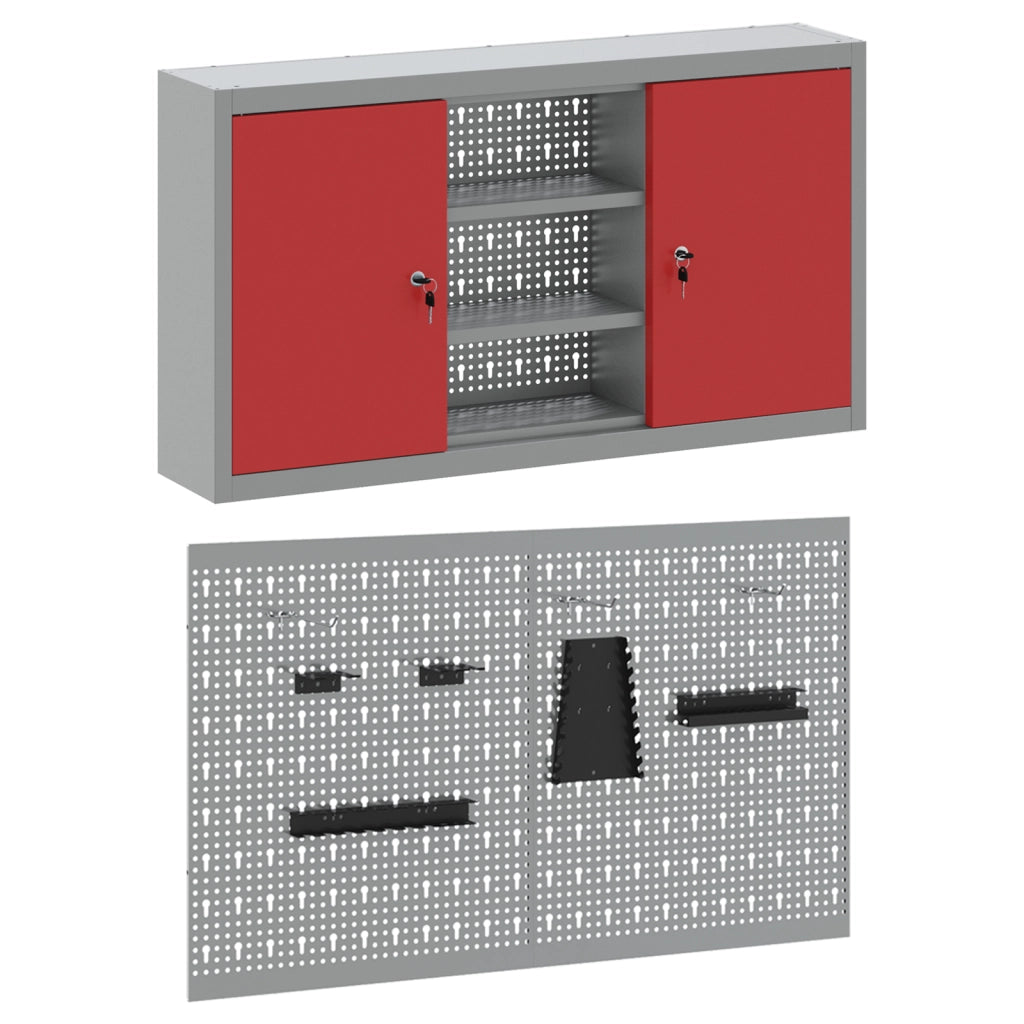 Set da Muro con Mobile per Attrezzi e Pannello Utensili a 3 Pezzi  Rosso Metallico