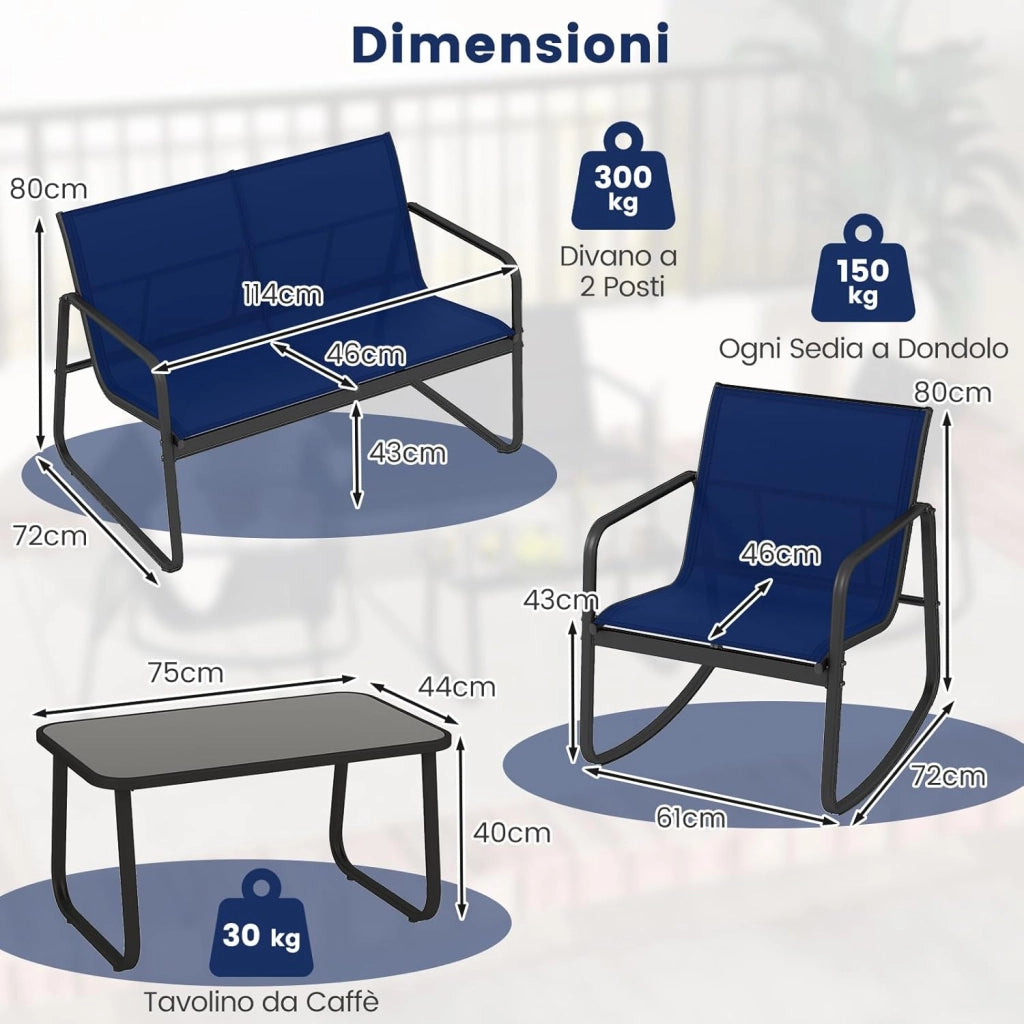 Set da Giardino 4 Pezzi in Tessuto Textilene, Set da Bistrò da Patio, Tavolo e Sedie con Tavolino in Vetro, 2 Sedie e Divanetto a Dondolo, per Giardino Coltile Terrazza (Blu)