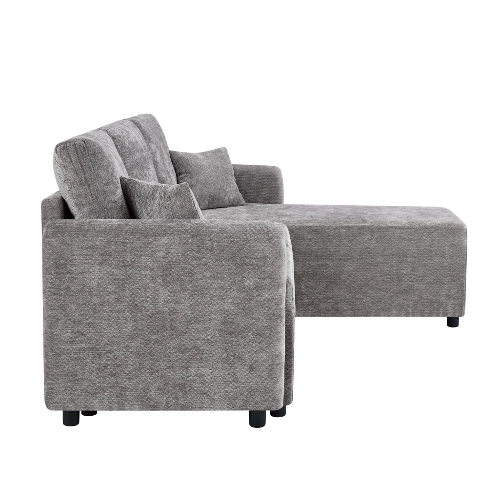 Divano angolare a 3 posti con chaise longue in chenille grigio, 2 cuscini e struttura in legno per piccoli spazi