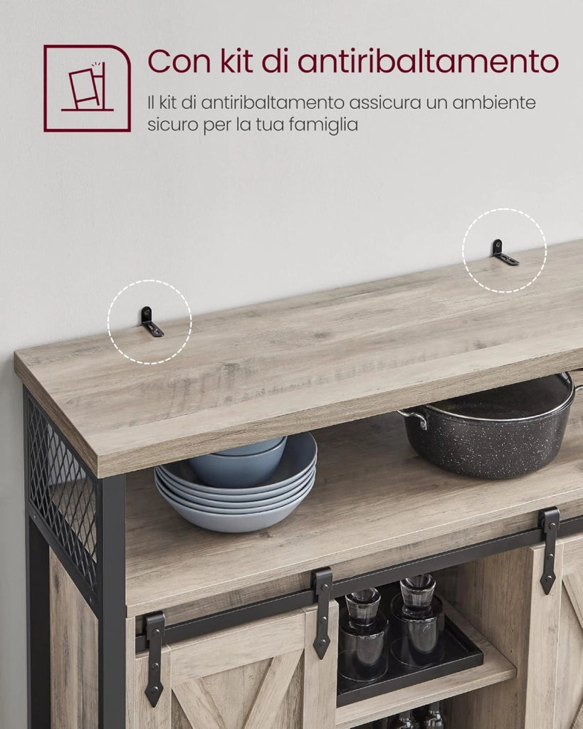 VASAGLE Credenza, Mobile da Cucina, Armadietto Organizzatore, con 2 Ante Scorrevoli, 33 x 100 x 80 cm, Ripiani Regolabili, Stile Country, per Soggiorno, Greige Melange e Nero Inchiostro LSC092B02