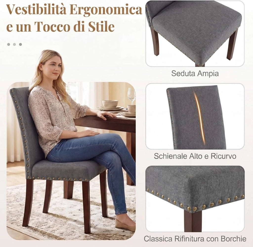 Set di 2 Sedie da Pranzo Imbottite, Sedie da Cucina con Schienale Alto, Gambe in Legno Massello e Piedini Regolabili, Portata 155 kg, Sgabelli Moderni per Cucina, Soggiorno e Ufficio (Grigio)