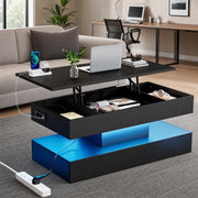 Tavolino da salotto sollevabile con LED; vano contenitore e prese EU; 100x50x42 cm; nero