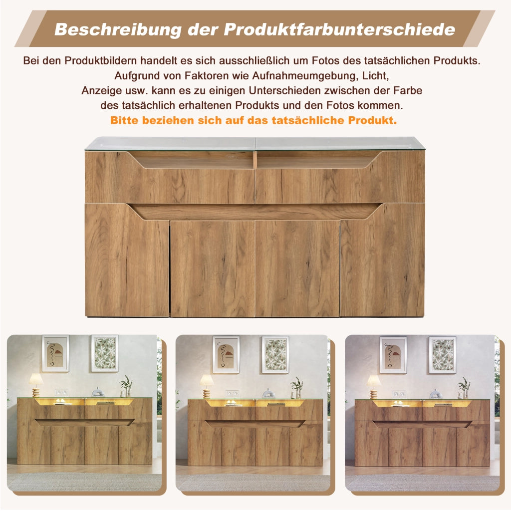 Credenza e madia con piano in vetro temperato, 2 cassetti e ante, per soggiorno, in MDF, naturale, 140 × 40 × 70 cm