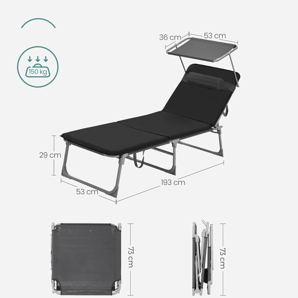 SONGMICS Sedia a sdraio, lettino per il relax, con materasso da 3 cm, cuscino, schienale e ombrellone reclinabili, pieghevole, 53 x 193 x 29,5 cm, carico 150 kg, per giardino, nero GCB193B01