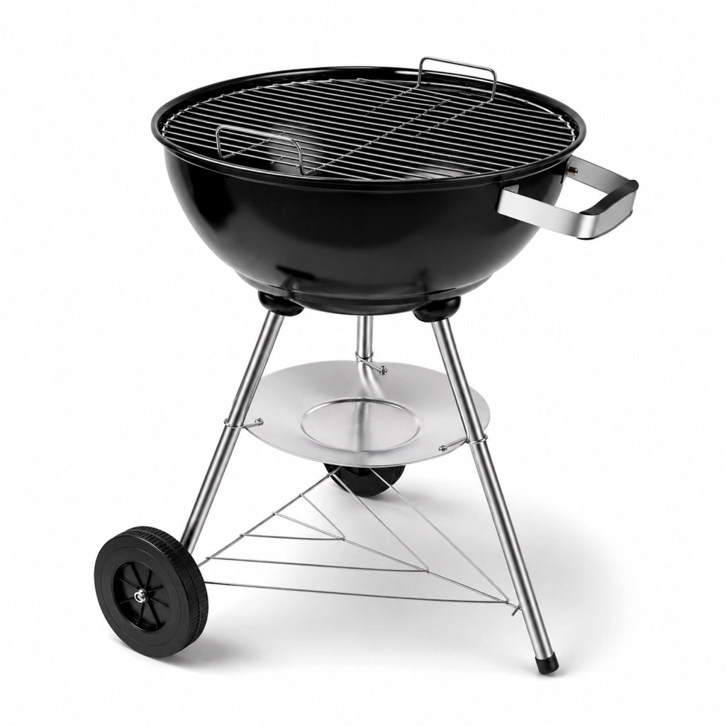Barbecue A Carbone Con Coperchio Griglia In Acciaio Cromato Ruote Per Trasporto Facile Da Montare Per Giardino Campeggio E Terrazza 51 x 46.5 x 78 Cm Nero