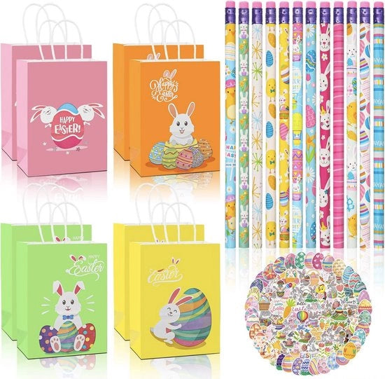 Set di Pasqua a 74 pezzi – 12 Scatole di Regalo, 12 Pennarelli di Uovo di Pasqua e 50 Adesivi per Bambini e Adulti