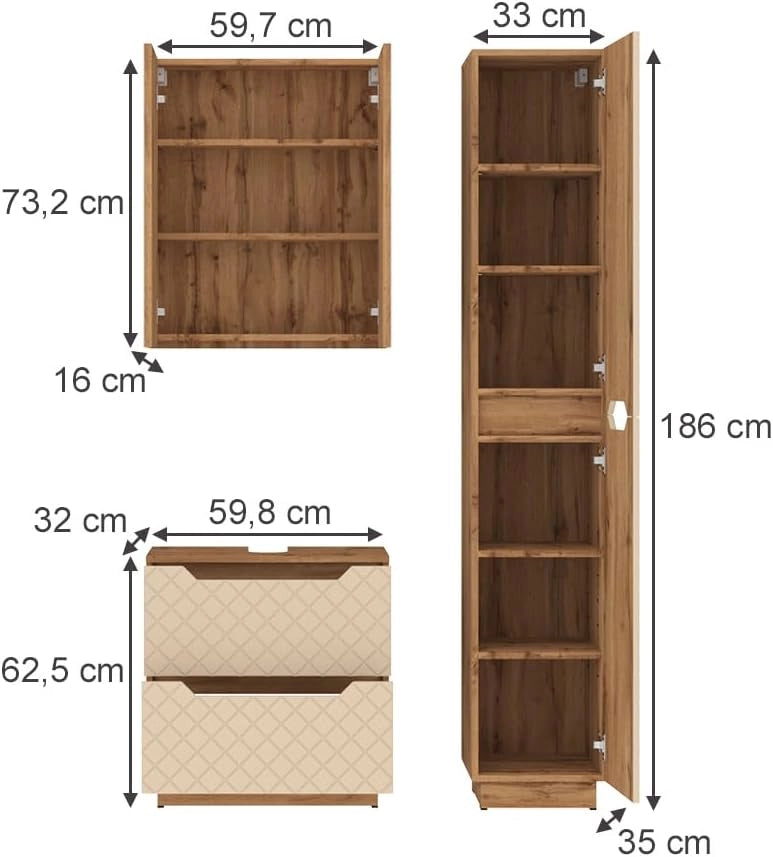 Set di mobili da bagno Lotta, Cachemire, 59.8 cm, composto da mobile sottolavabo, specchiera e colonna alta