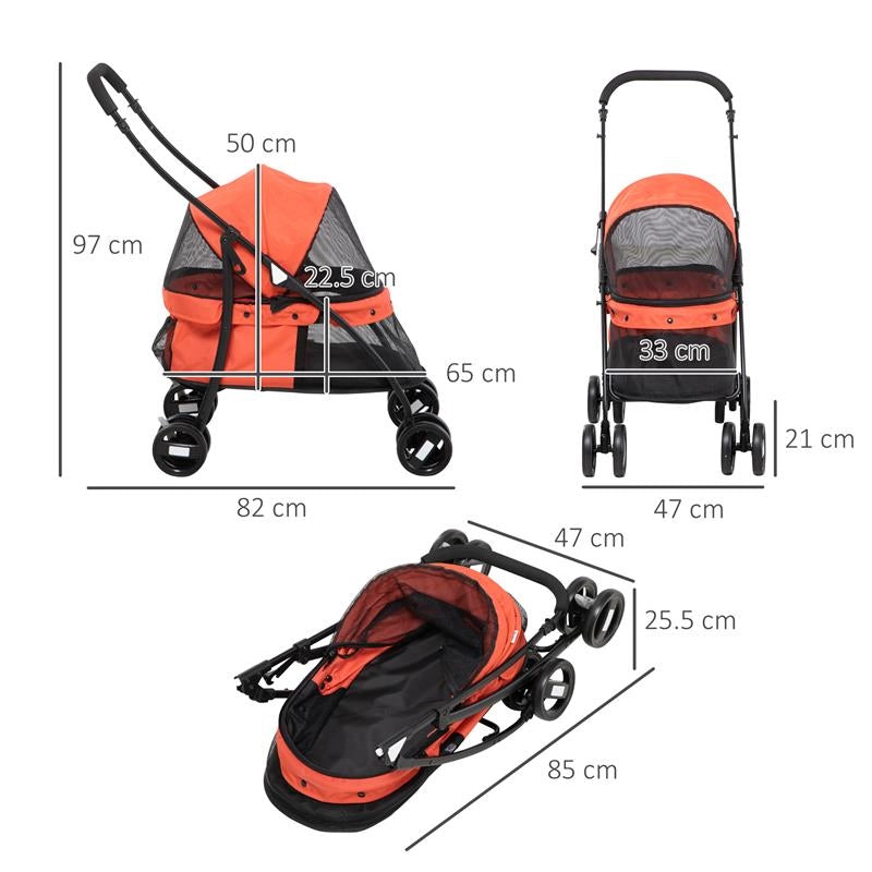 PASSEGGINO PER CANI PIEGHEVOLE CON TETTUCCIO REGOLABILE, BORSA E 2 GUINZAGLI, 82X47X97 CM, ROSSO E NERO