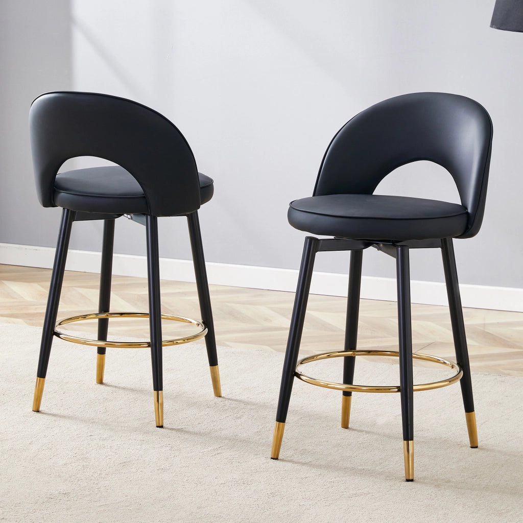Set di 2 Sgabelli da Bar Girevoli; Schienale Traforato; per Cucina e Bancone; Metallo e Similpelle; Nero