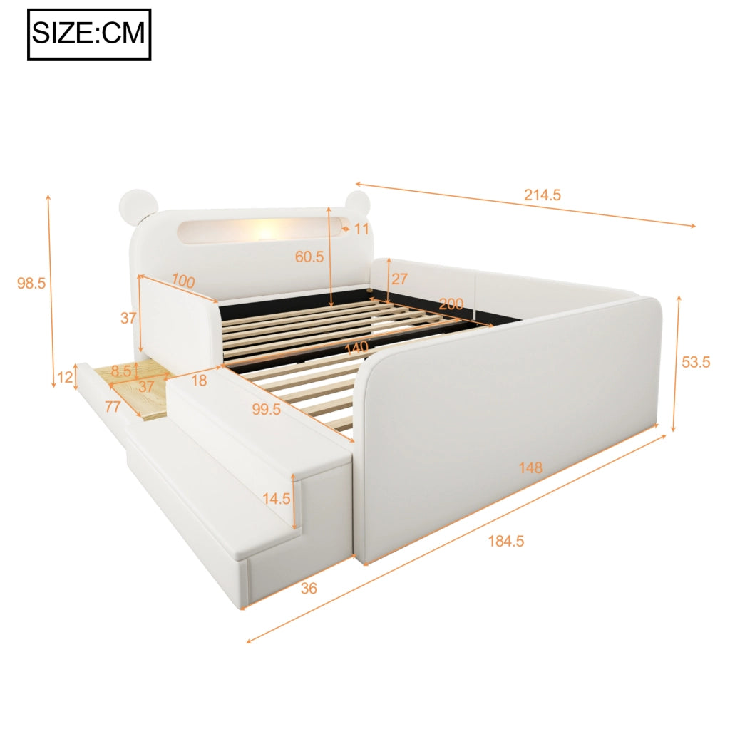 Letto imbottito per bambini 140x200 cm con testiera a forma di orso; USB e contenitore; bianco