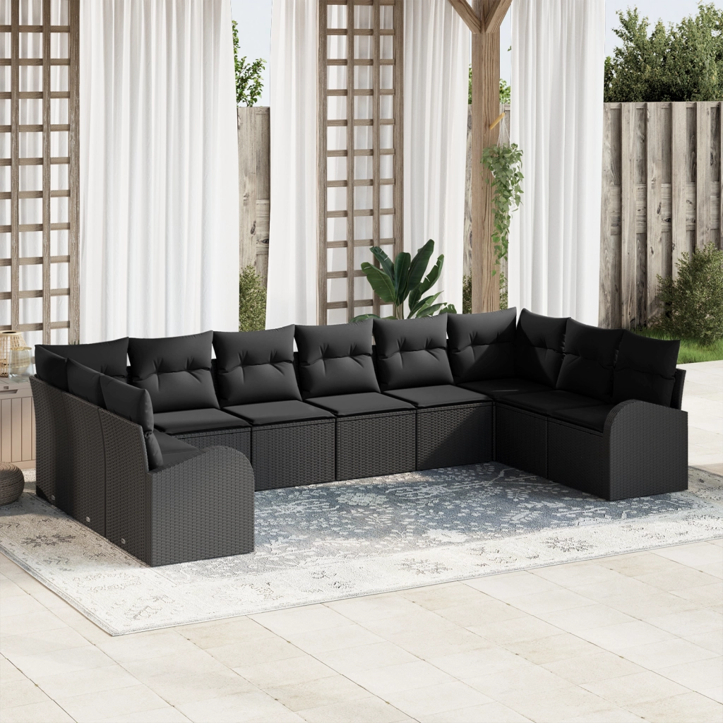 Set Divano da Giardino 10 Pezzi con Cuscini Nero Polyrattan