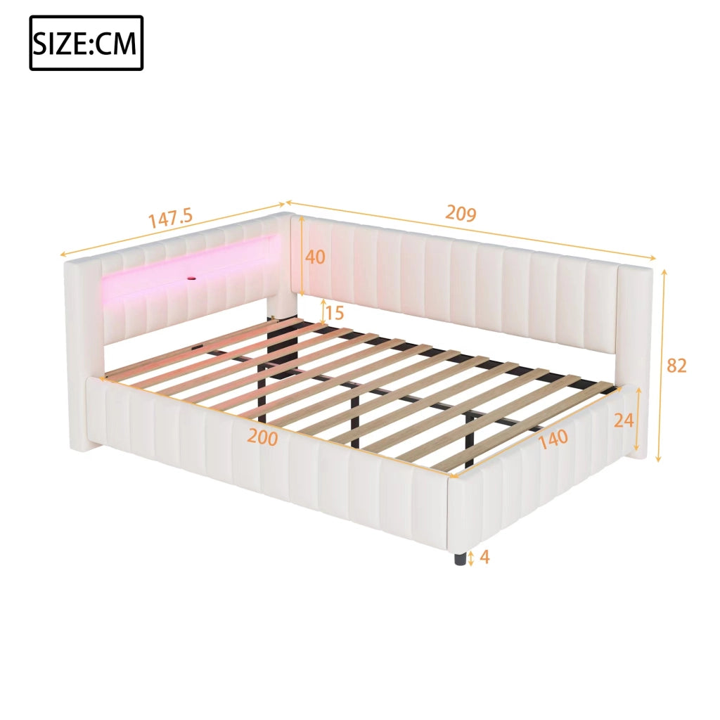 Letto divano 140 × 200 cm con LED, porta USB, schienale et testiera, senza materasso, in velluto, beige