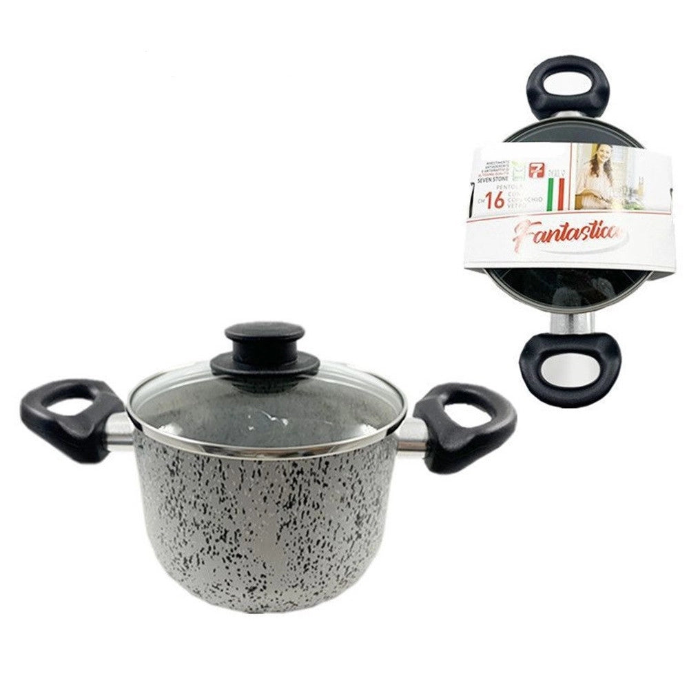 Trade Shop - Pentola 16cm Antiaderente Antigraffio 7 Strati 2 Manici Con Coperchio In Vetro 032871m -