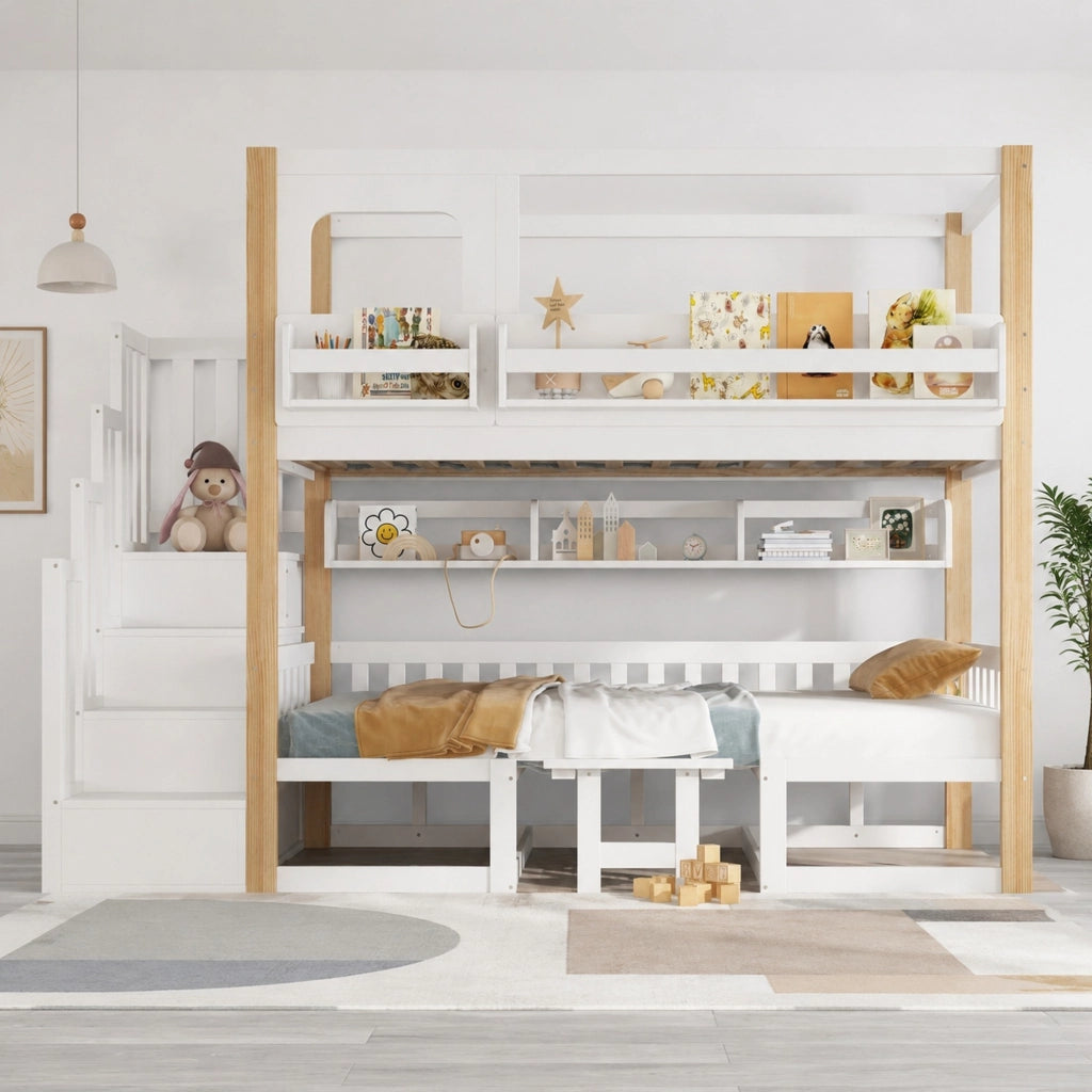 Letto a Castello 90x200 cm - Tavolo Pieghevole Regolabile; Scala Contenitore e Libreria