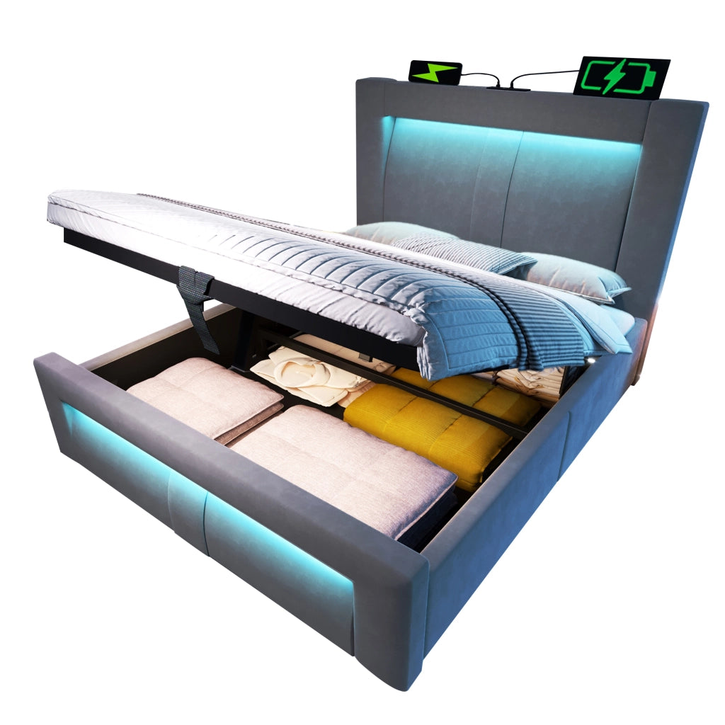 Letto imbottito idraulico con luci LED e porta USB 90x200 cm velluto grigio