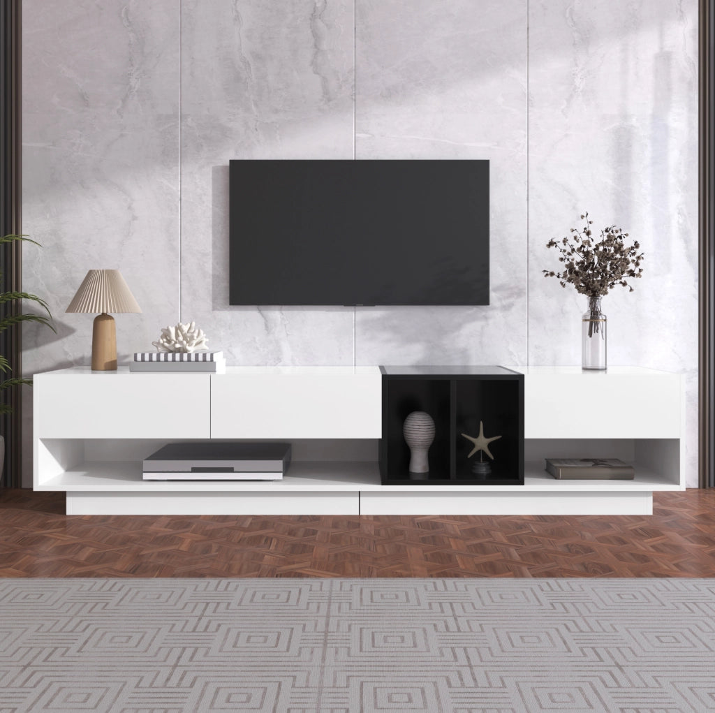 Mobile porta TV moderno lucido bianco e nero con 3 cassetti, 190 cm