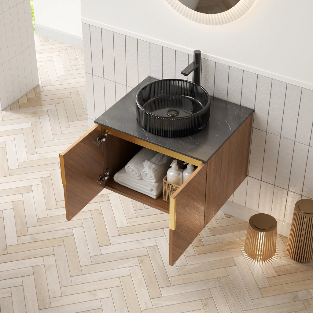 Mobile sottolavabo da bagno con lavabo rotondo in vetro nero, 2 ante e chiusura ammortizzata, nero e rovere 61 × 50 × 52,6 cm