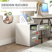 Cassettiera per Ufficio a 3 Cassetti con Serratura, Ruote, Portadocumenti Formato A4, Legale e Lettera, Grigio Chiaro