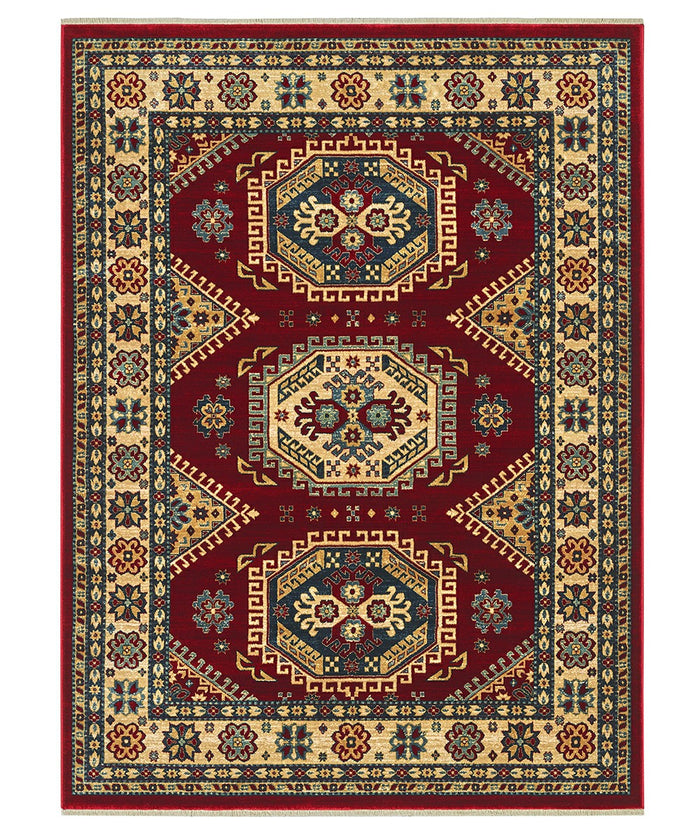 Tappeto KAZAKH 1351 rosso e oro cm.160x240 stile orientale persiano alta qualità con effetto lucente