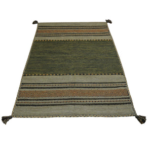 Tappeto ANTIQUE-KILIM verde tessuto a mano in cotone e ciniglia cm.60x90