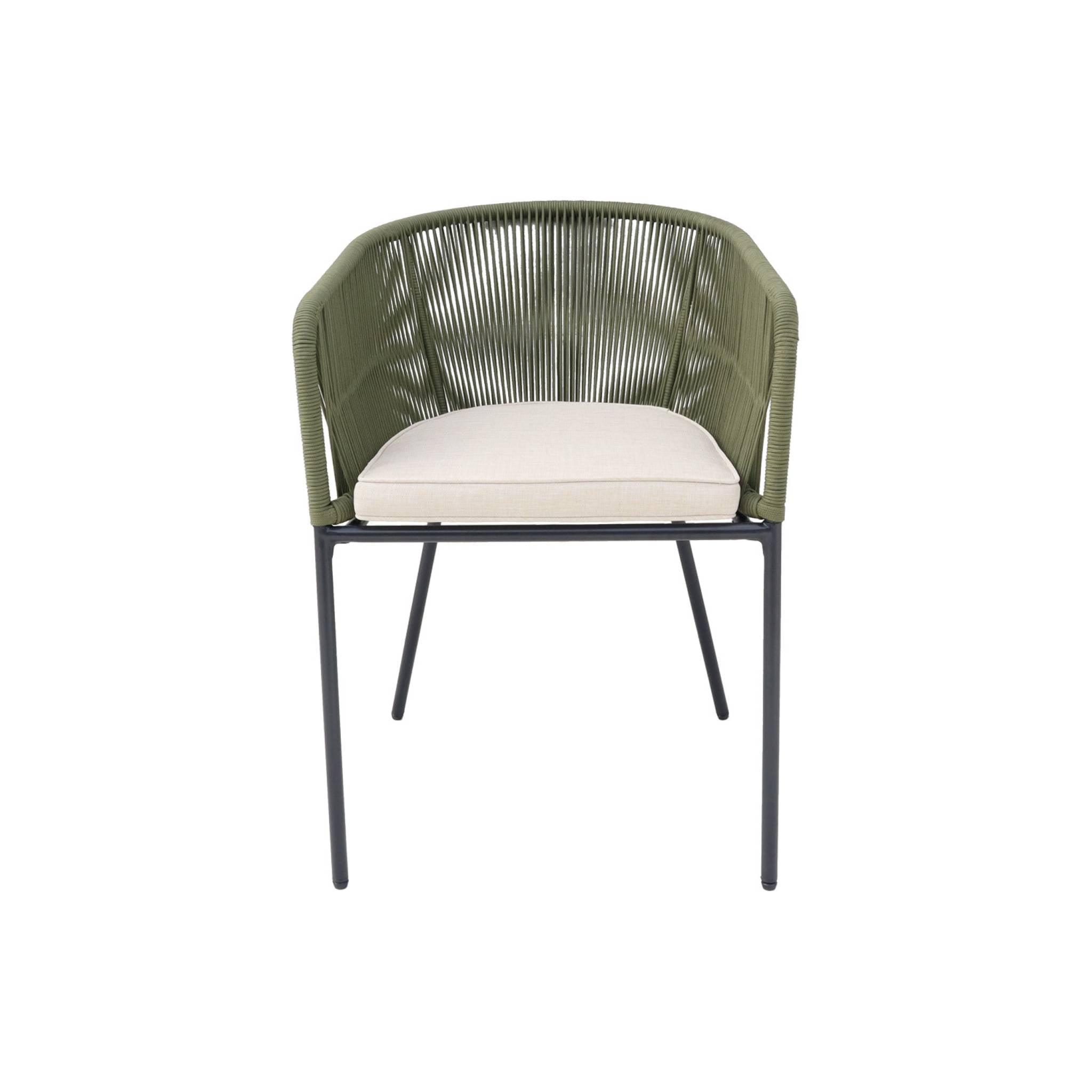 Set di 4 poltrona da giardino in corda e acciaio zincato, verde kaki