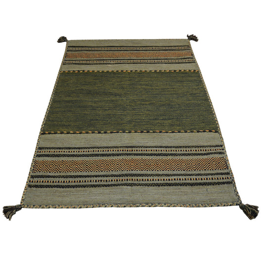 Tappeto ANTIQUE-KILIM verde tessuto a mano in cotone e ciniglia cm.70x140
