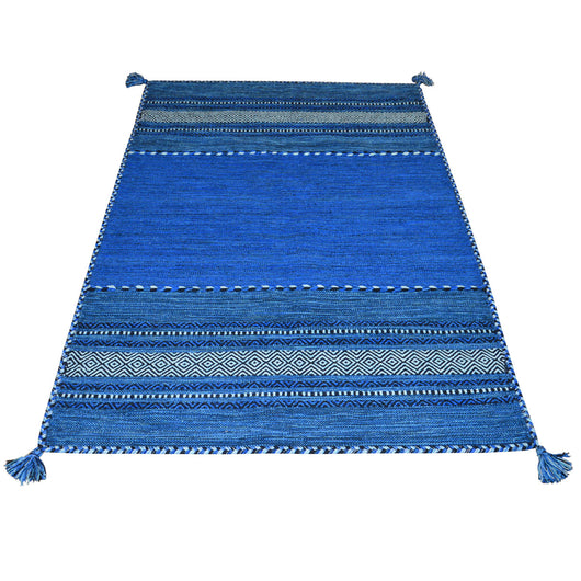 Tappeto ANTIQUE-KILIM blu tessuto a mano in cotone e ciniglia cm.60x200