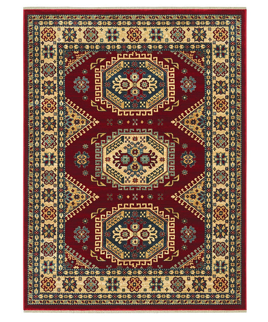 Tappeto KAZAKH 1351 rosso e oro cm.70x300 stile orientale persiano alta qualità con effetto lucente