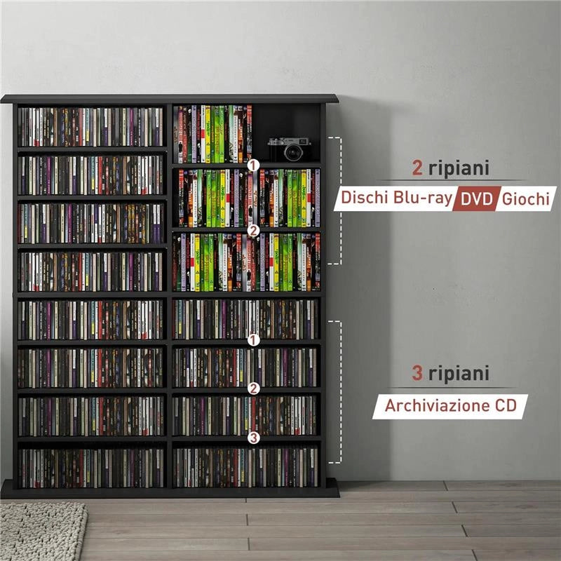 MOBILE LIBRERIA PORTA CD A 16 RIPIANI DAL DESIGN MODERNO IN LEGNO, 106.5X24X123.7 CM, NERO