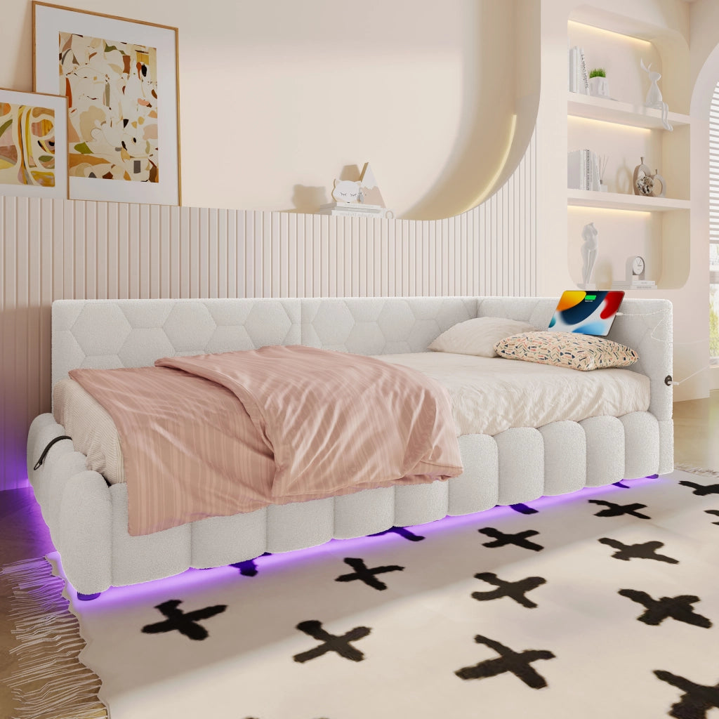 Letto daybed 90x200 cm con rete a doghe, contenitore idraulico, LED, USB e Type-C, senza materasso, bianco