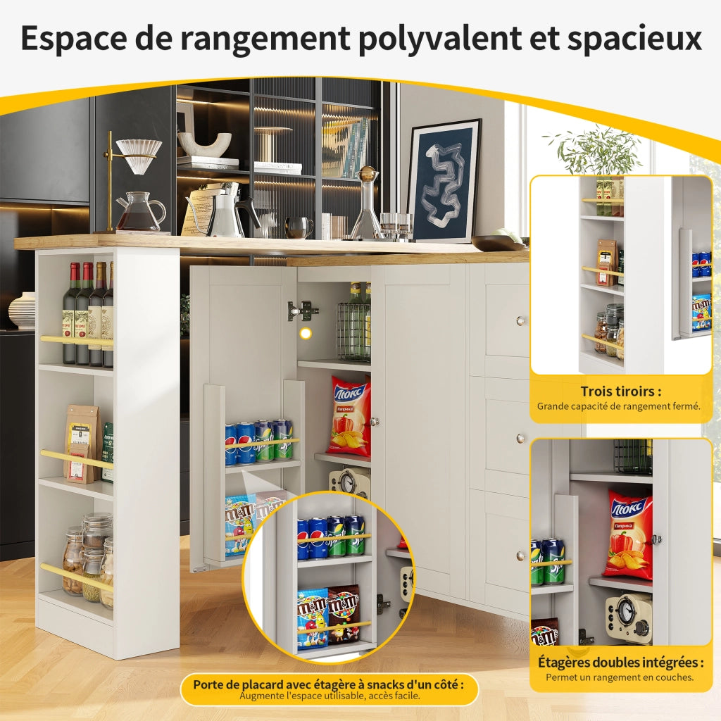 OKWISH Carrello da Cucina con 2 Ante e 3 Cassetti, 3 Ripiani, Rotazione a 360° e Ruote, MDF, Bianco