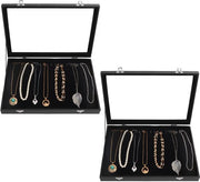 Organizzatore di gioielli in legno nero velluto - 20 ganci - coperchio in vetro - 2 pezzi - dimensioni L35 x B24 x H4,5 cm