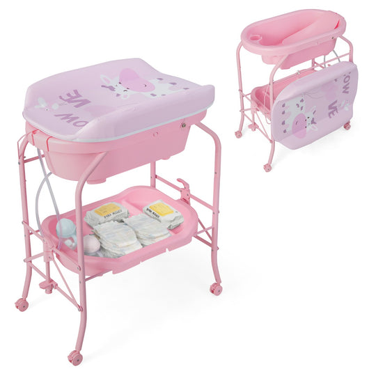 Fasciatoio per bambini con mini vasca da bagno cuscinetto in PVC, Stazione di cambio pannolini per neonati Rosa-Fasciatoi