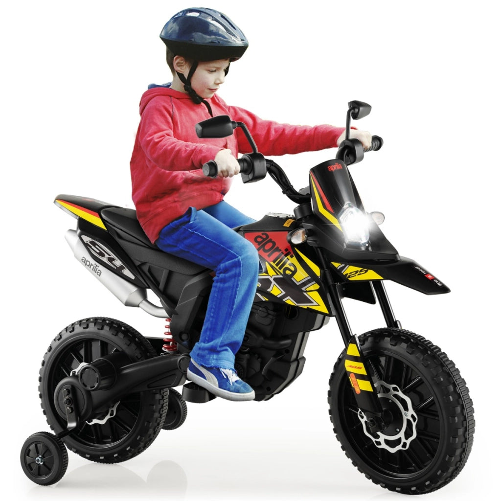 Moto cavalcabile per bambini con licenza aprilia e 2 ruote aggiuntive, Moto elettrica 12V con musica Nero-Moto elettriche