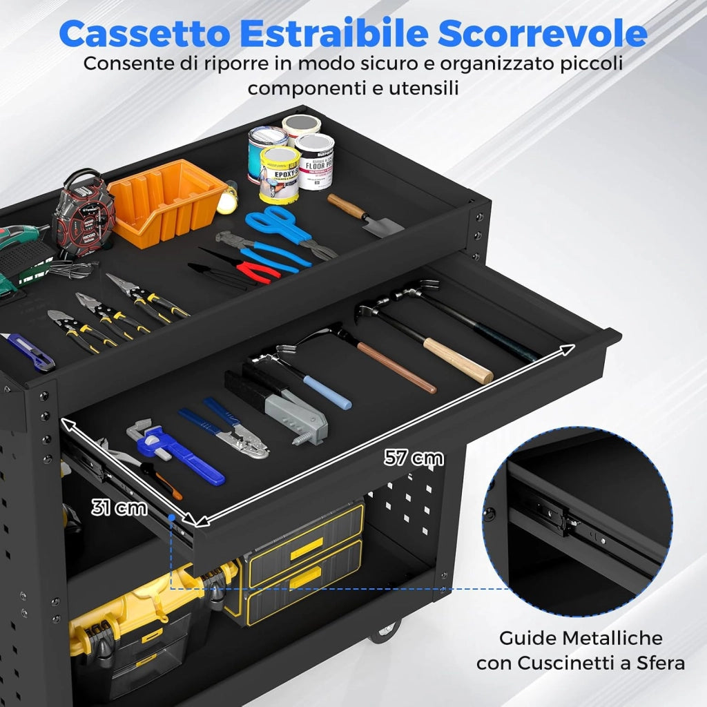 Carrello Portautensili a 3 Ripiani con Ruote, Carrello Attrezzi in Metallo con Cassetto Grande, 2 Pannelli Forati e 8 Ganci, Carrello di Servizio per Garage e Officina, Portata 250 kg
