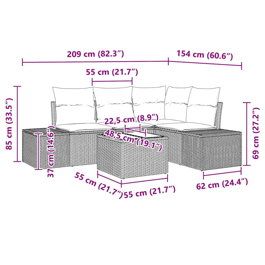 Set Divano da Giardino 5 pcs Nero polyrattan 3347047